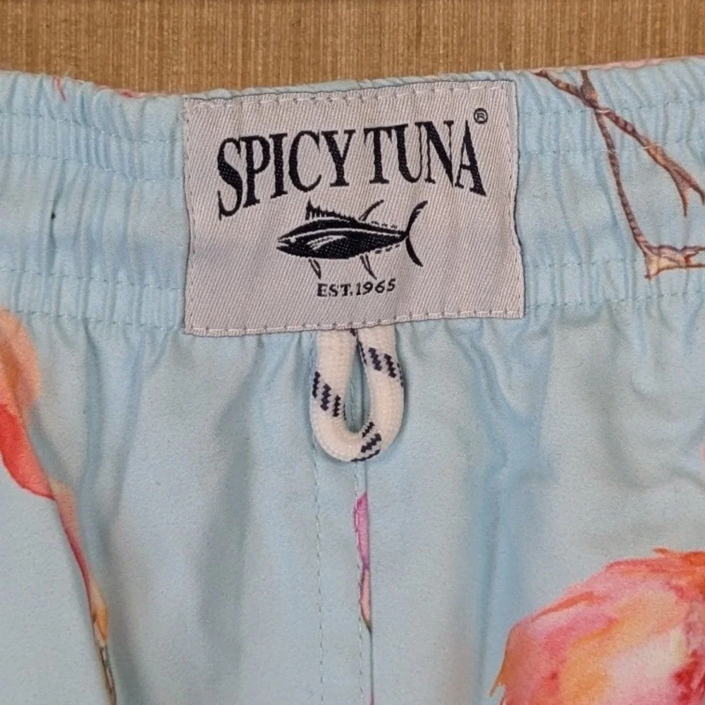 Spicy Tuna Mens XL Swim Trunks Flamingo Light‎ Blue Drawstring Lined Beach New
